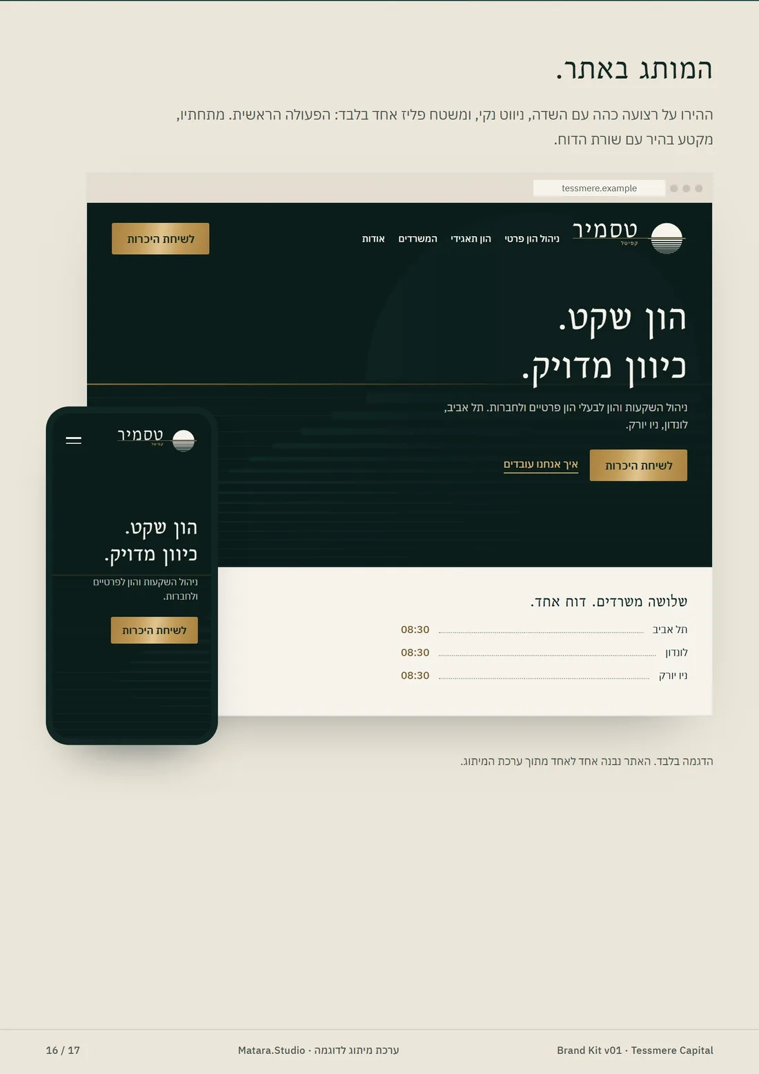 דף הבית של אתר טסמיר קפיטל במחשב ובטלפון: רצועה עליונה כהה עם הכותרת הון שקט, כיוון מדויק, כפתור זהב לשיחת היכרות ומתחתיו מקטע בהיר