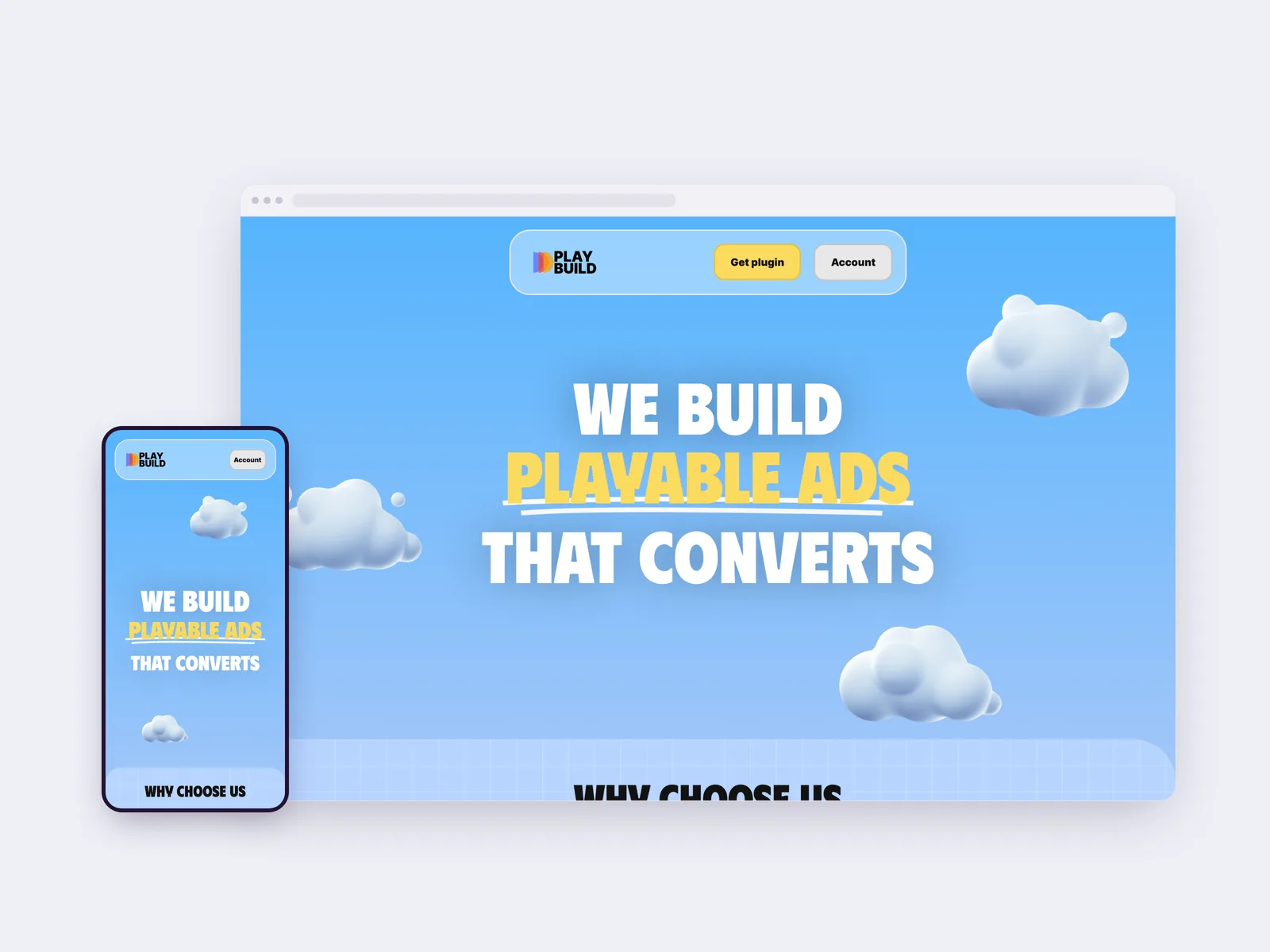 צילום מסך של עמוד הבית בדף נחיתה של PlayBuild Pro, בתצוגת מחשב ולצידה בטלפון