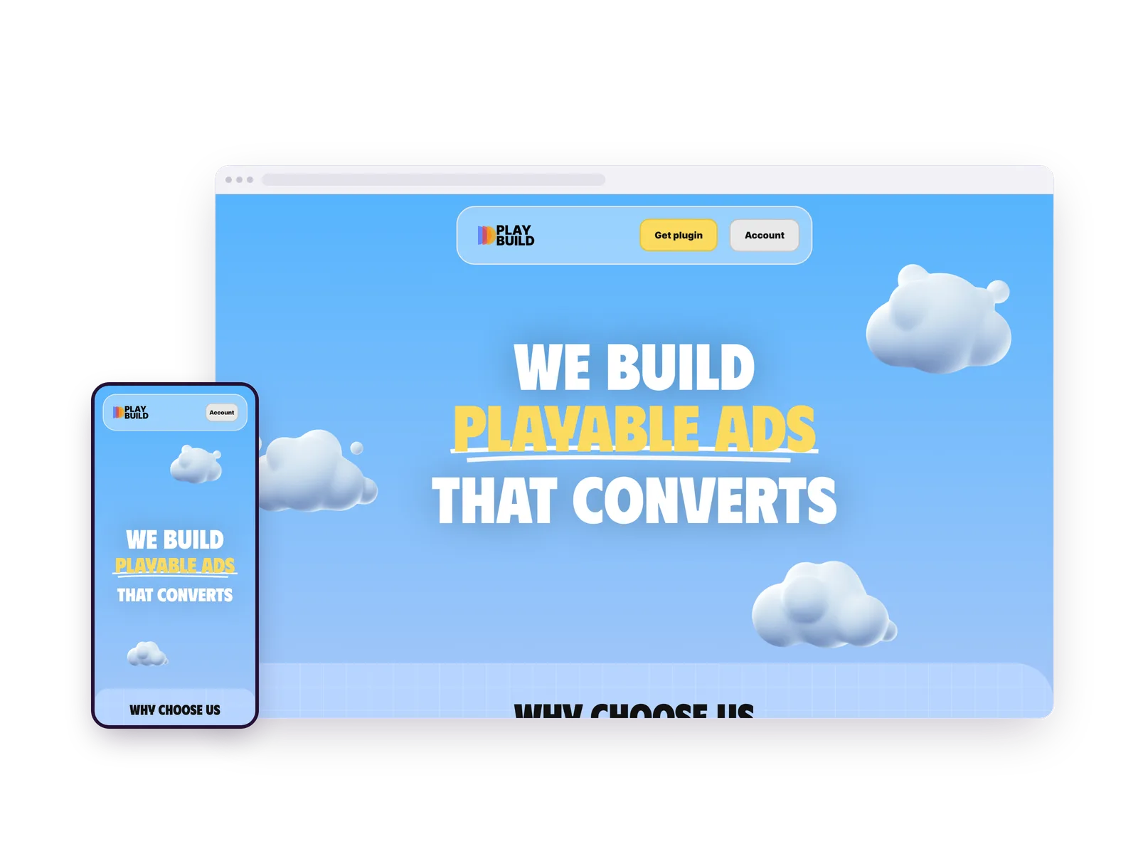 צילום מסך של עמוד הבית בדף נחיתה של PlayBuild Pro, בתצוגת מחשב ולצידה בטלפון