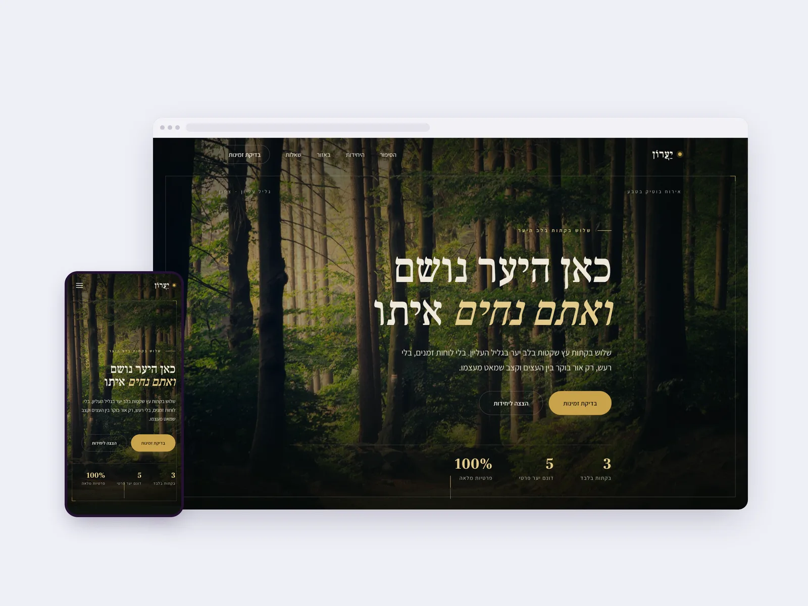 צילום מסך של עמוד הבית באתר תדמית של יערון, בתצוגת מחשב ולצידה בטלפון